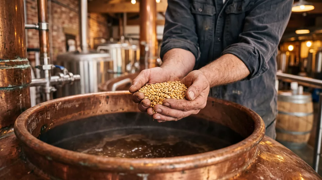 Un brasseur controle le grain de malt dans une cuve de brassage en cuivre.