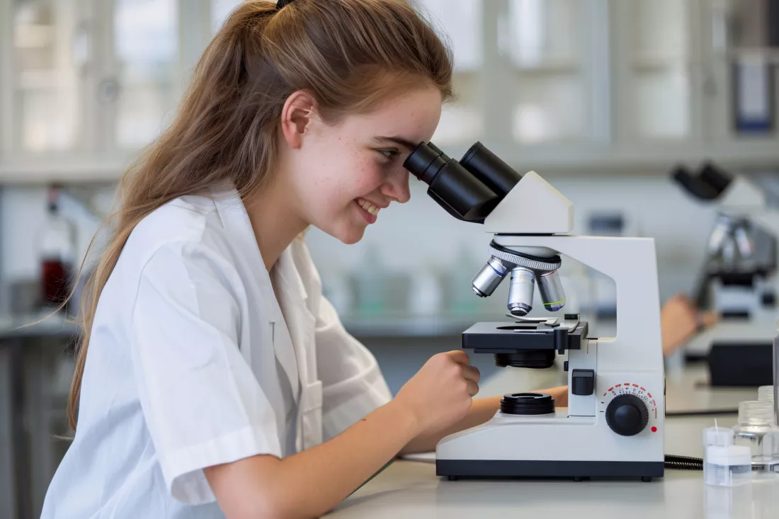 Une etudiante regarde dans un microscope dans un laboratoire de recherche biologique