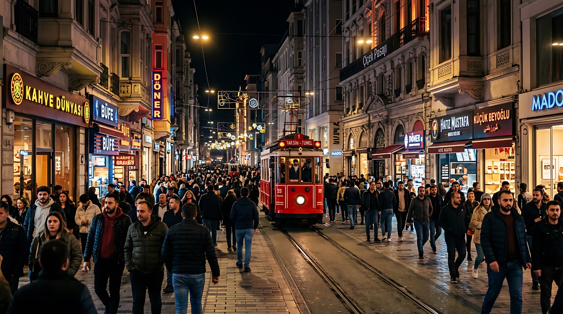 Foule sur l’avenue İstiklal à Istanbul, le soir, avec un tramway historique rouge